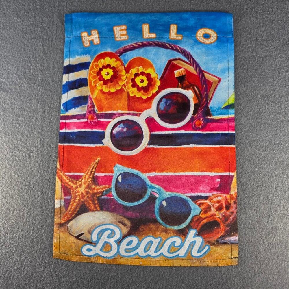 Hello Beach Garden Flag 17.5x12.5" Sunglasses Flip Flops Sand Summer Vacation